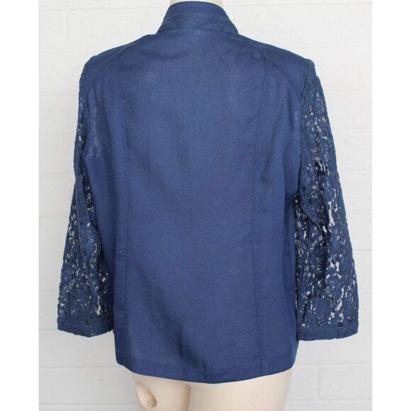 Chico's 1 M 8 10 Navy Blue Sheer Lace 3/4 Sleeves Open Front Zip Pockets Jacket - Picture 3 of 10